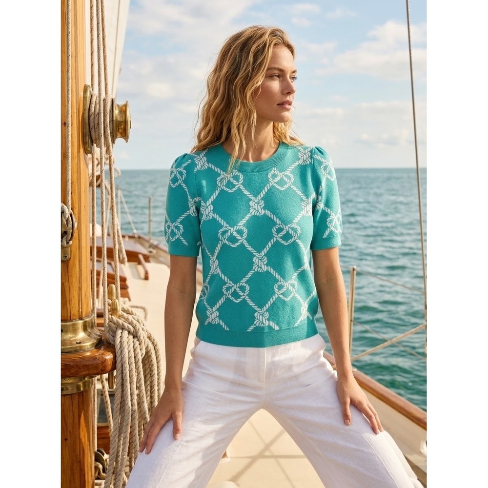 Maeve Anthropologie Teal Green Nautical Rope Knot Puff Sleeve Sweater Top XS